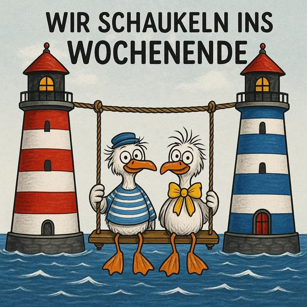 Ein Cartoon-Bild von zwei Enten, die auf einer Schaukel zwischen zwei Leuchttürmen sitzen. Die Enten tragen ein blau-weiß gestreiftes Hemd und einen gelben Schal. Der Himmel ist hell, die See ist blau.