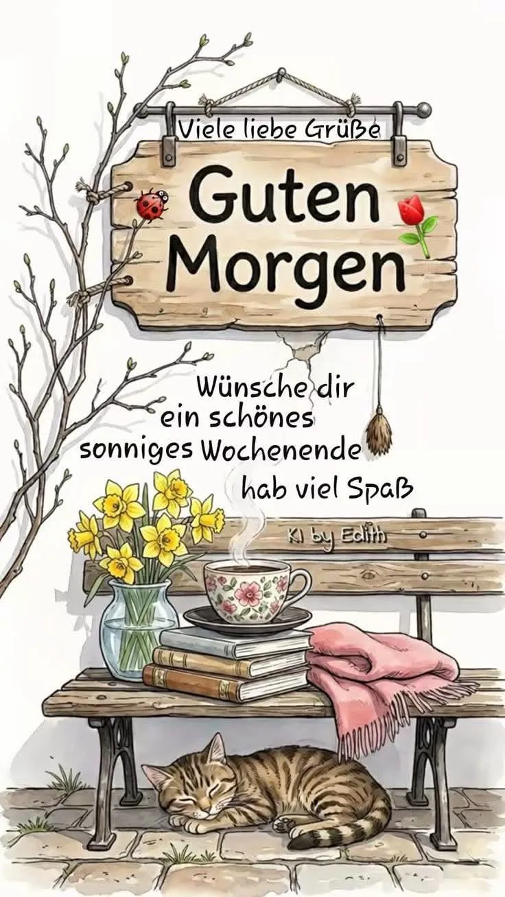 Handgezeichnetes Bild mit einer friedlich schlafenden Katze auf einer Holzbank neben einem dampfenden Kaffee, Büchern und einem Strauß gelber Narzissen. Darüber hängt ein Schild: 'Guten Morgen, Schönes Wochenende'.