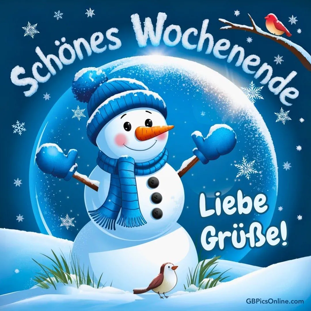 Ein fröhlicher Schneemann in blauem Hut und Schal, mit einem kleinen Vogel vor sich und einem Kardinal auf einem Ast im Hintergrund, umgeben von Schnee und Sternen.