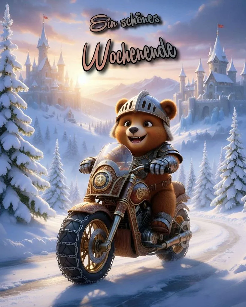Ein süßer Ritterbär in Rüstung fährt auf einem verzierten Motorrad mit Schneeketten durch eine verschneite Winterlandschaft. Im Hintergrund märchenhafte Schlösser und Tannenbäume unter einem warm leuchtenden Himmel. Der fröhliche Bär überbringt den Wochenendgruß.
