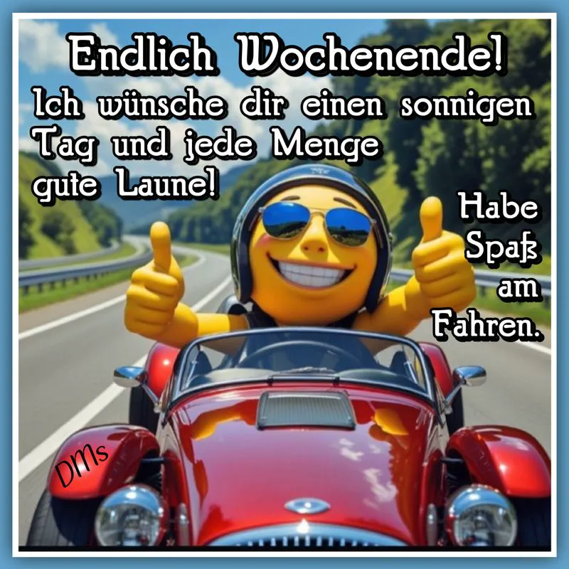 Ein gelbes Emoji mit Sonnenbrille und Kopfhörern sitzt in einem roten Cabrio und gibt zwei Daumen hoch. Der Wagen ist auf einer Straße mit grünen Bäumen und einem blauen Himmel im Hintergrund.