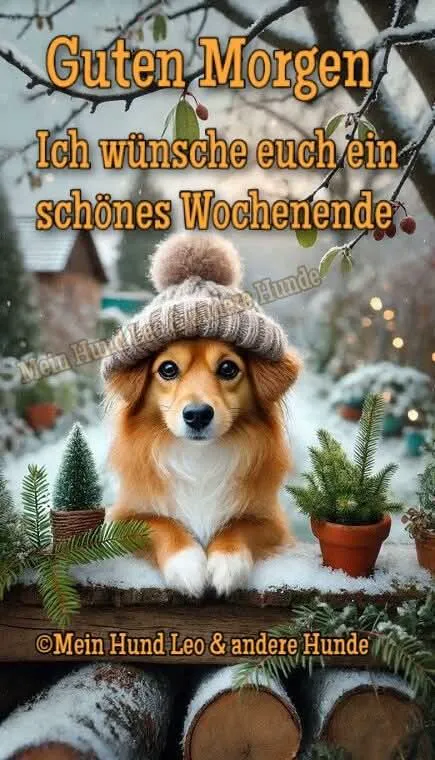 Ein niedliches, braunes und weißes Hundewelpen liegt auf einem Schneehaufen, trägt eine braune Mütze mit Pom-Pom, umgeben von kleinen Tannen und Blumentöpfen in einem winterlichen Garten.