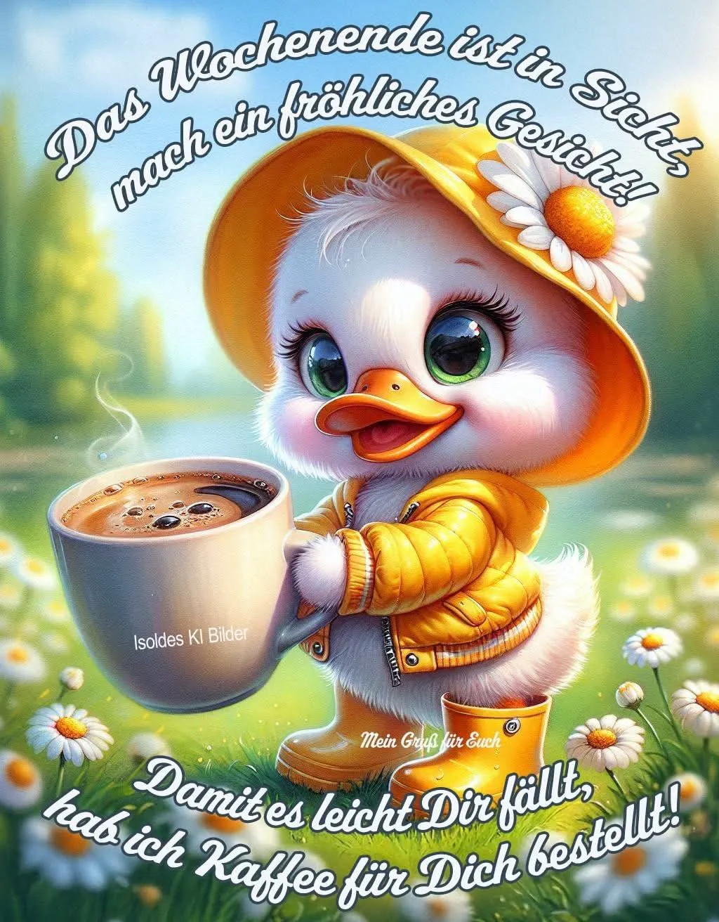 Ein niedliches Entlein in gelber Jacke und Hut hält eine Tasse Kaffee in einem Feld mit Blumen