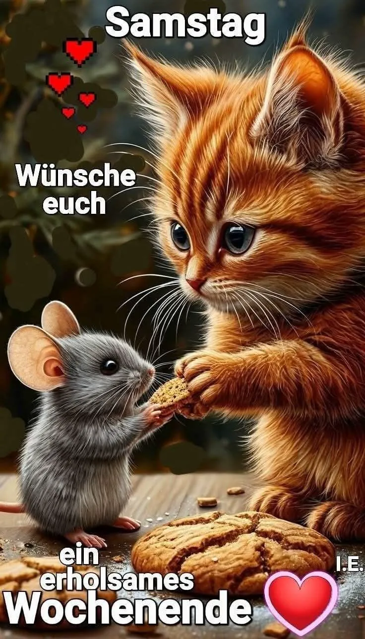 Ein niedliches orangefarbenes Kätzchen teilt einen Keks mit einer kleinen grauen Maus auf einem Holztisch, im Hintergrund Blätter und Herzen.