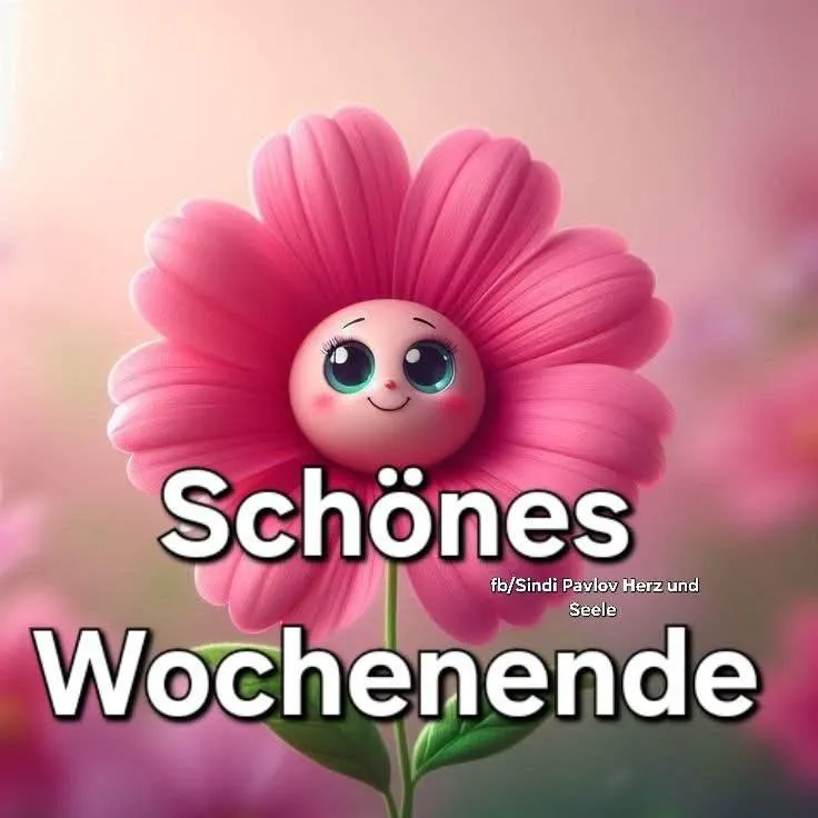 Ein Cartoon einer rosa Blume mit einem niedlichen Gesichtsausdruck, vor einem unscharfen rosa Hintergrund, mit grünem Stängel und Blättern.