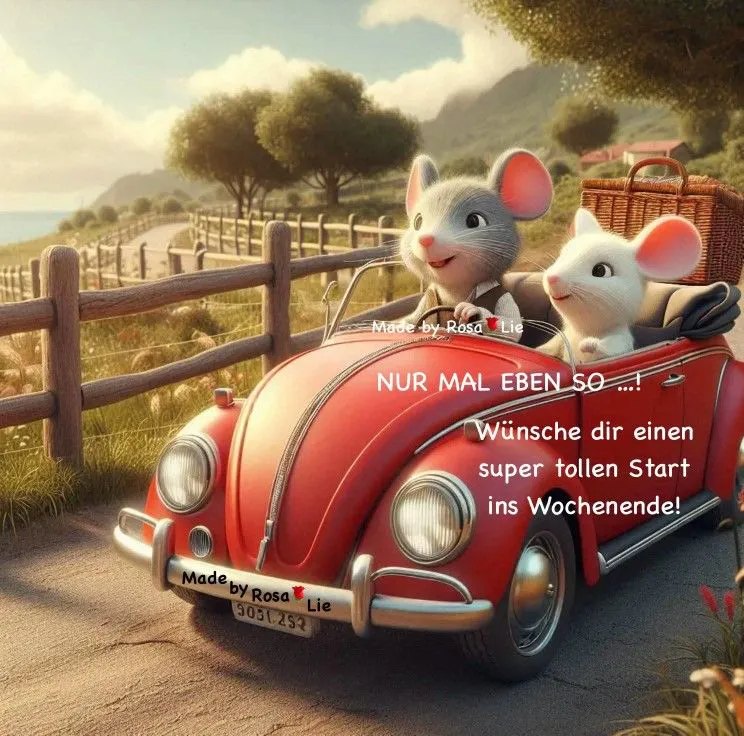 Ein Bild von zwei Mäusen in einem roten Cabrio, die auf einer Landstraße fahren, umgeben von grünen Bäumen, einem Holzzaun und einer wunderschönen Landschaft. Die Mäuse lächeln und genießen die Fahrt.