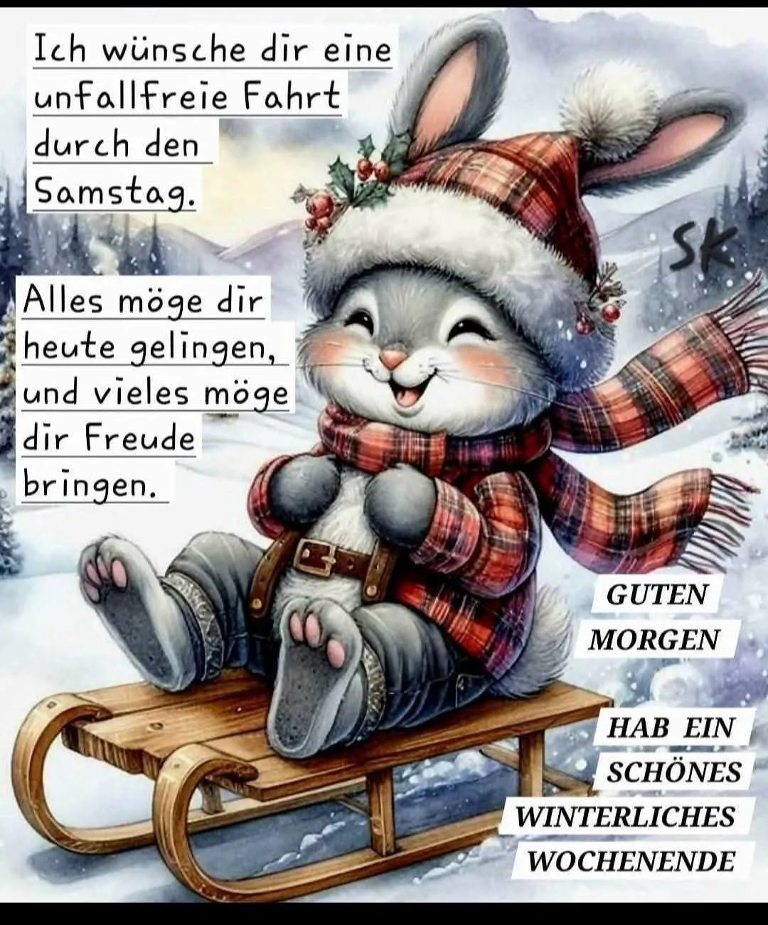 Ein Cartoon-Hase im roten Hut und Schal sitzt auf einem Schlitten, im Hintergrund ein verschneiter Wald, es schneit, der Hase lächelt und hat eine Weihnachtsdekoration im Ohr.