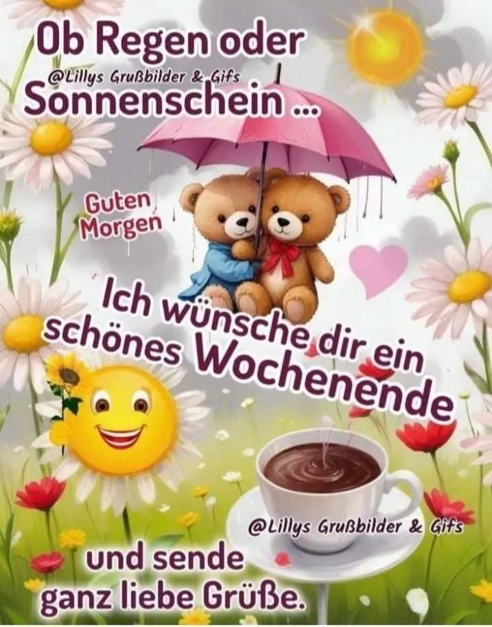 Ein digitales Bild mit zwei braunen Teddybären, die unter einem rosa Regenschirm sitzen, umgeben von Blumen, einem Sonnensymbol und einer Tasse Kaffee. Die Stimmung ist fröhlich und einladend.