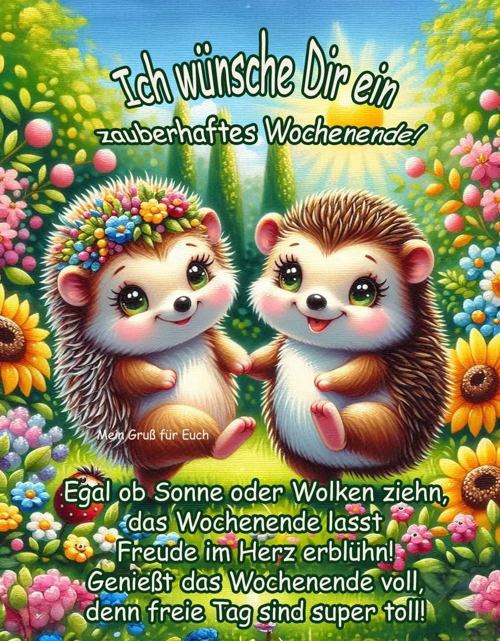 Zwei verliebte Igelchen halten Händchen inmitten eines farbenprächtigen Blumenmeeres. Einer der Igel trägt einen Blumenkranz, strahlt pure Freude aus und wünscht ein zauberhaftes Wochenende in romantischer Frühlingsstimmung.