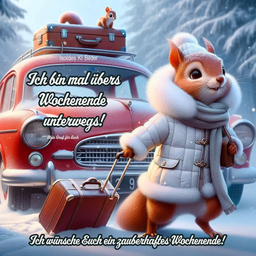 Ein Cartoon-Eichhörnchen im Wintermantel zieht einen Koffer hinter sich her, während es vor einem roten Auto mit Gepäck auf dem Dach steht. Ein weiteres Eichhörnchen sitzt auf dem Gepäck. Der Hintergrund zeigt verschneite Bäume.