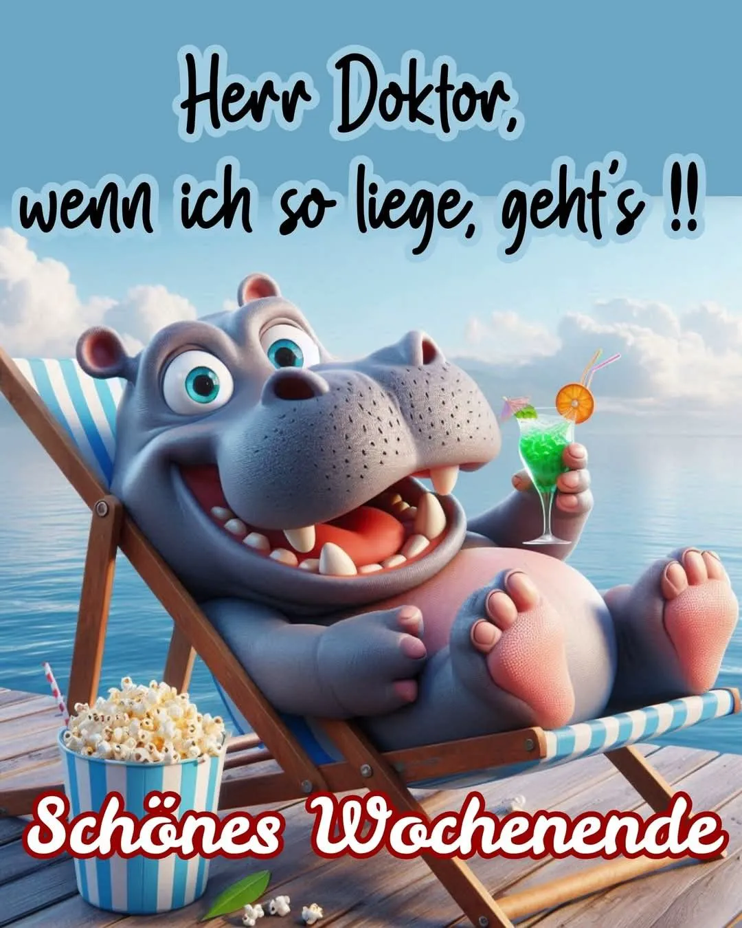 Ein lächelndes Nilpferd liegt in einer Strandliege, hält einen Cocktail in der Hand und hat ein Popcorn-Bucket neben sich. Der Himmel ist blau mit weißen Wolken.