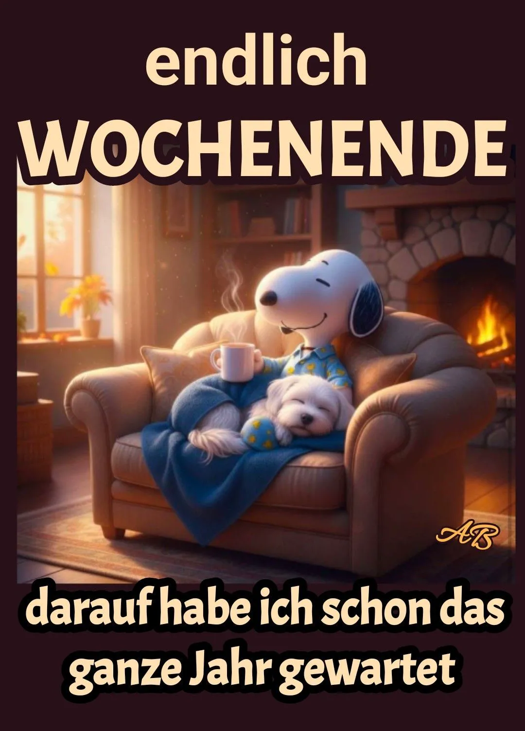 Gemütliches Bild von Snoopy, der mit einem kleinen weißen Hund auf einem Sessel unter einer blauen Decke entspannt und einen warmen Kaffee trinkt, vor einem Kamin und Sonnenlicht.