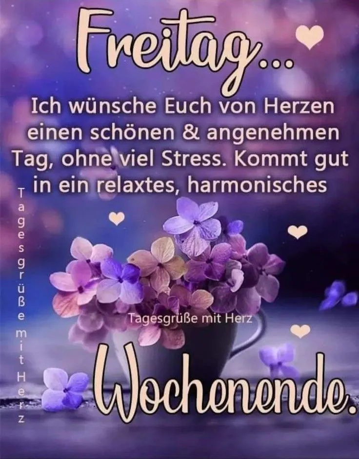 Ein sanftes Freitagsbild mit einem Strauß zarter lila-rosafarbener Hortensien in einer Tasse, umgeben von einem träumerischen Bokeh-Lichtermeer und kleinen Herzen, das einen stressfreien Übergang ins Wochenende wünscht.