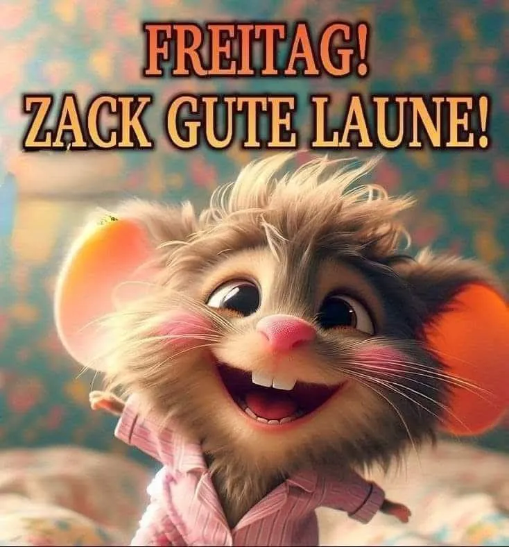 Ein Cartoon-Maus mit rosa Hemd und übermäßigem Lächeln, im Hintergrund ein buntes Zimmer