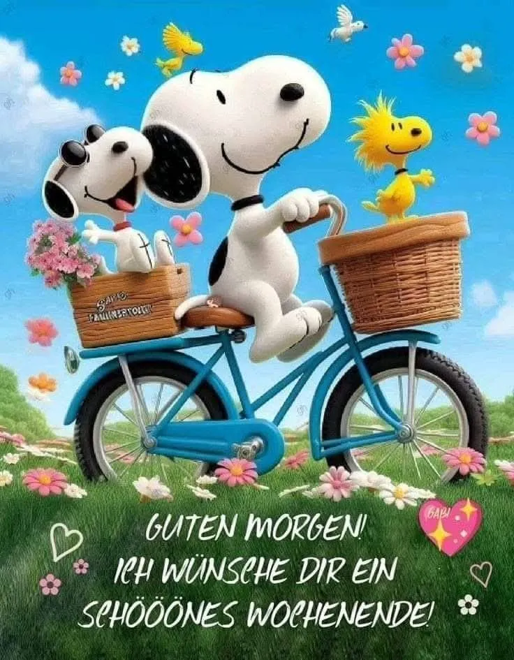 Ein lächelnder Snoopy fährt auf einem blauen Fahrrad, auf dem Gepäckträger sitzt ein kleinerer Snoopy mit Blumen. Woodstock fliegt im Vorderkorb. Das Bild zeigt eine sonnige Wiese mit bunten Blumen und strahlend blauem Himmel.
