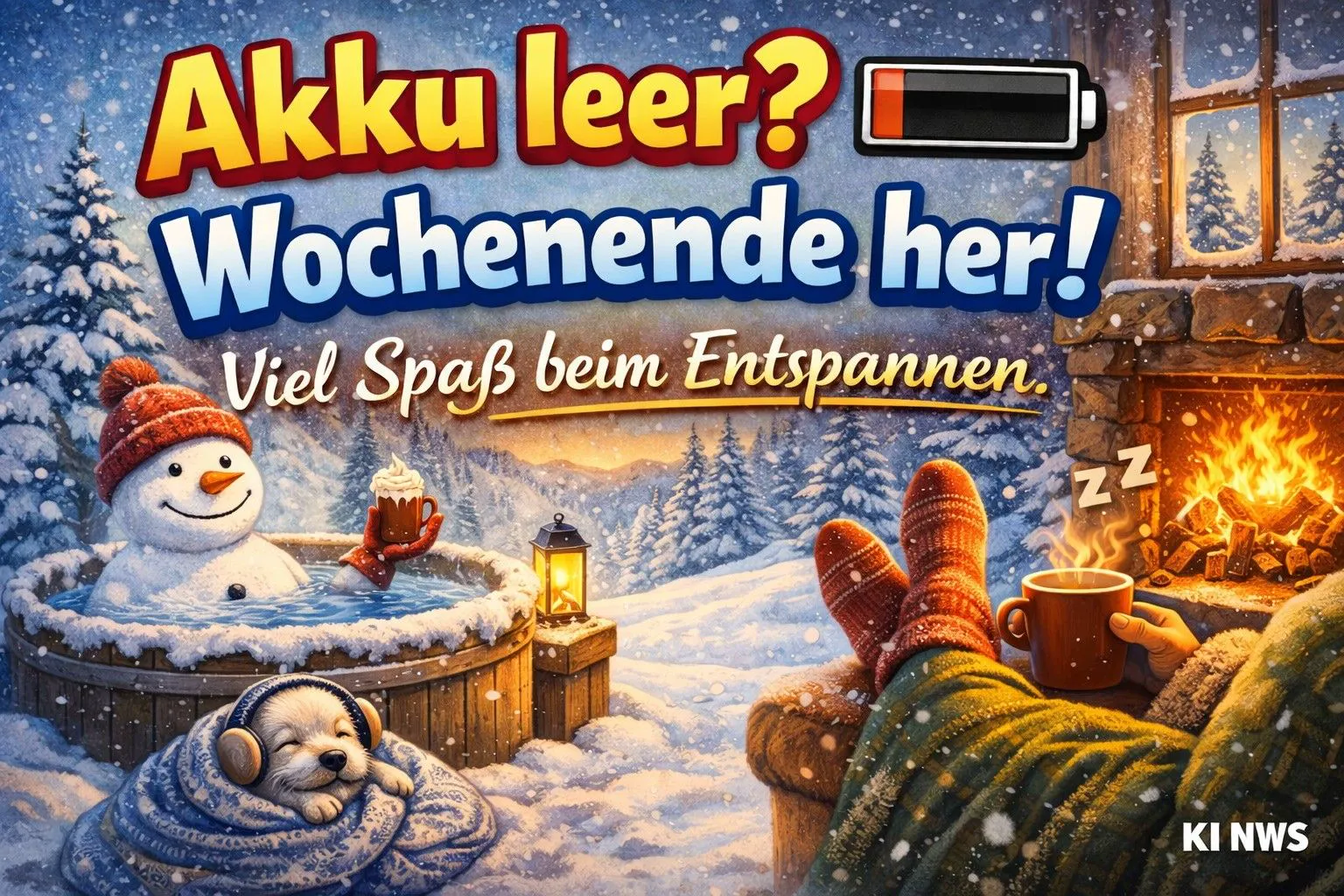 Ein winterliches Entspannungsparadies: Schneemann im Whirlpool, süßer Welpe im Schlaf, Person in warmen Socken am Kamin. Draußen fällt leise Schnee, alles strahlt pure Gemütlichkeit aus.