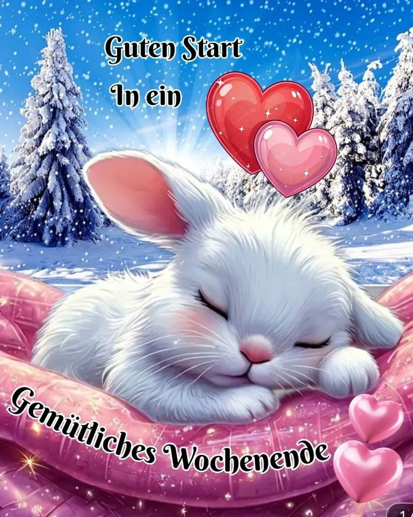 Ein süßer weißer Hase liegt auf einem rosa Kissen in einer verschneiten Landschaft mit Tannenbäumen und schwebenden Herzen.
