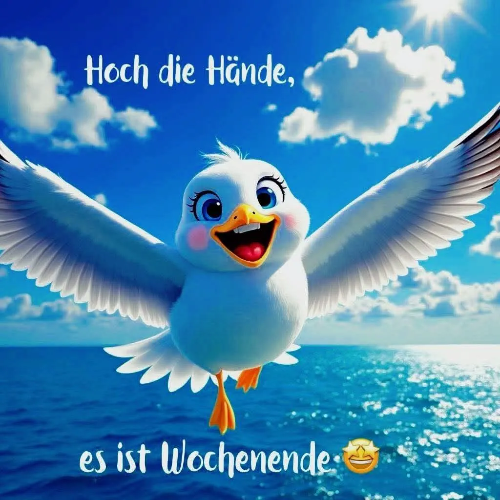 Eine fröhlich fliegende, cartoonartige weiße Möwe mit großen blauen Augen und einem breiten Lächeln vor einem strahlend blauen Meer und Himmel. Sie breitet ihre Flügel aus und schwebt in purer Wochenend-Euphorie.