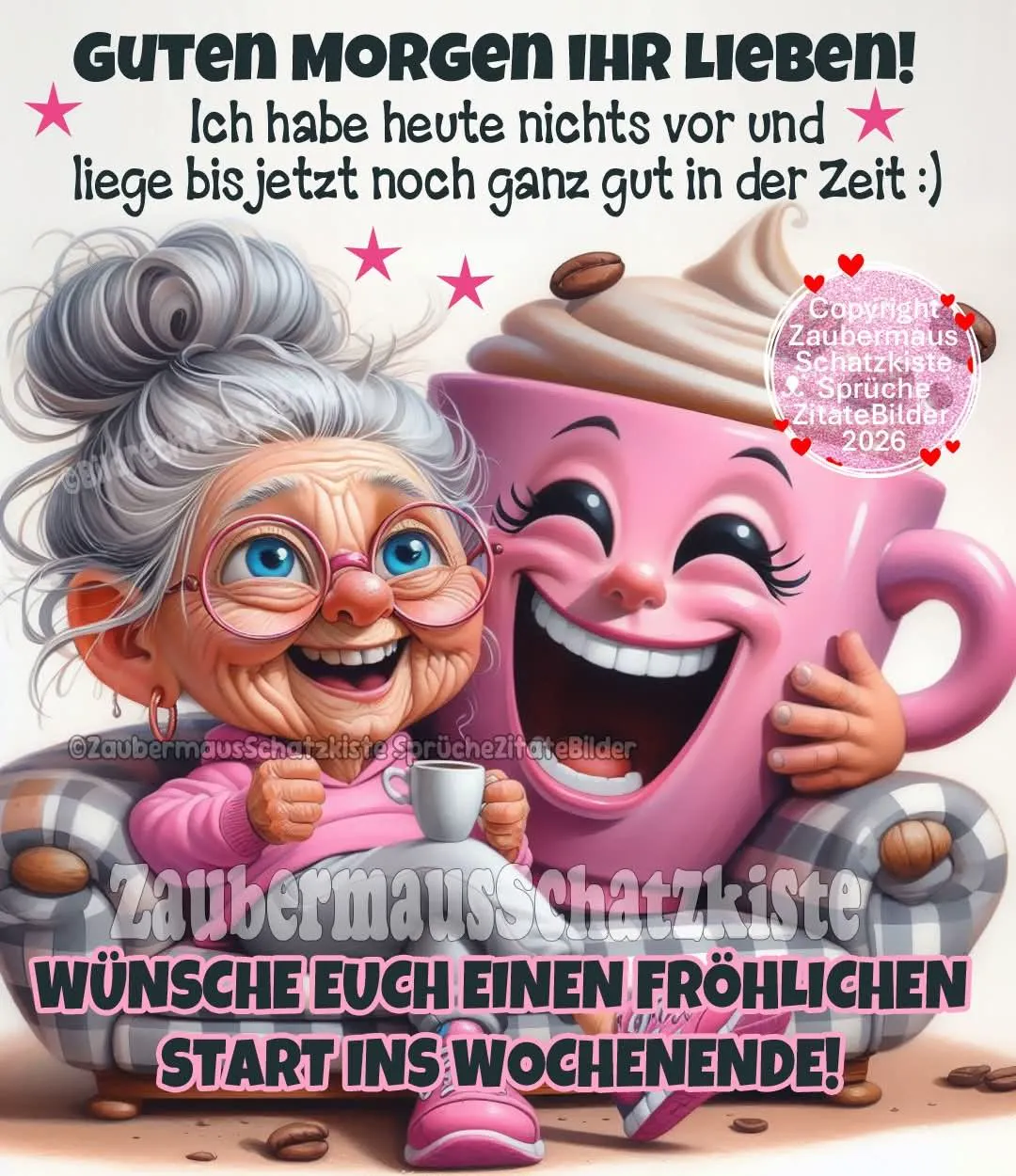 Cartoon-Illustration einer lachenden älteren Dame mit Brille und einer fröhlichen pinken Kaffeetasse, die gemütlich auf einem Sofa sitzen. Kaffee und Kaffeebohnen schmücken die Szene für einen entspannten Morgen.