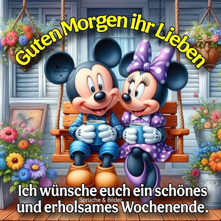 Mickey und Minnie Maus sitzen lachend auf einer Holzschaukelbank, halten Kaffeetassen. Bunte Blumen schmücken die Veranda. Ein fröhlicher Wochenendgruß am Morgen.