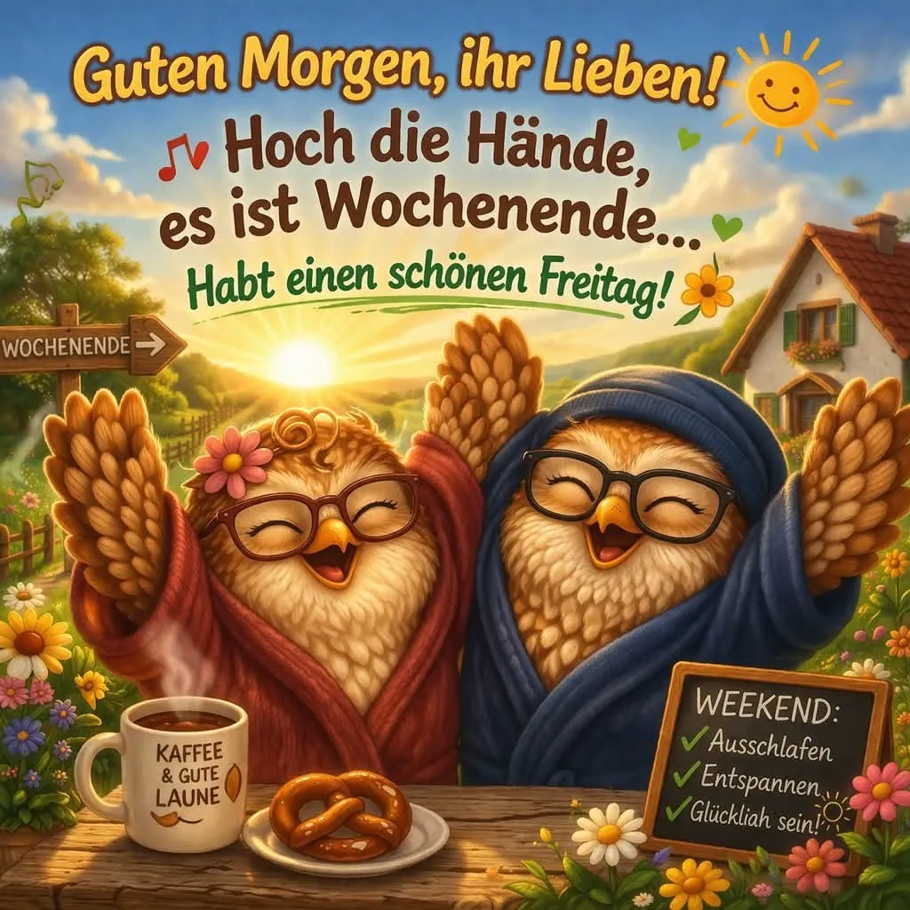 Zwei glückliche Cartoon-Eulen in Morgenmänteln jubeln über den Wochenendbeginn an einem sonnigen Morgen. Sie sitzen an einem Holztisch mit Kaffee, Brezel und bunten Blumen, vor einer idyllischen Landschaft mit Haus.