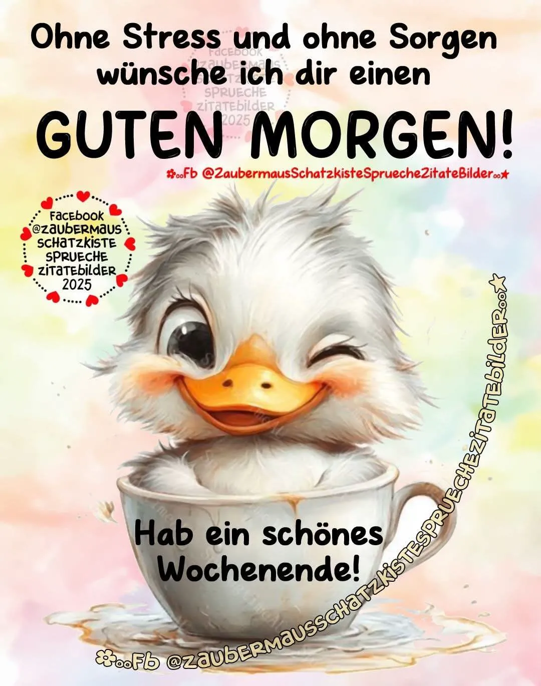 Süße Cartoon-Ente in einer Kaffeetasse, mit Zwinkern und Lächeln. Aquarell-Hintergrund in Pastellfarben. Ein fröhlicher Gruß für einen stressfreien guten Morgen und ein schönes Wochenende.