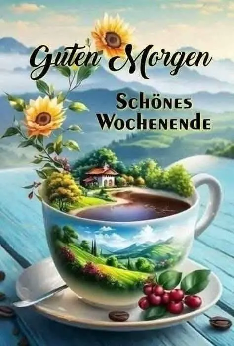 Eine fantasievolle Tasse mit einem gemalten Landschaftsbild aus grünen Hügeln und einem See, darüber Sonnenblumen. Dazu Kaffeebohnen und rote Beeren auf blauem Holz, mit dem Gruß "Guten Morgen Schönes Wochenende".