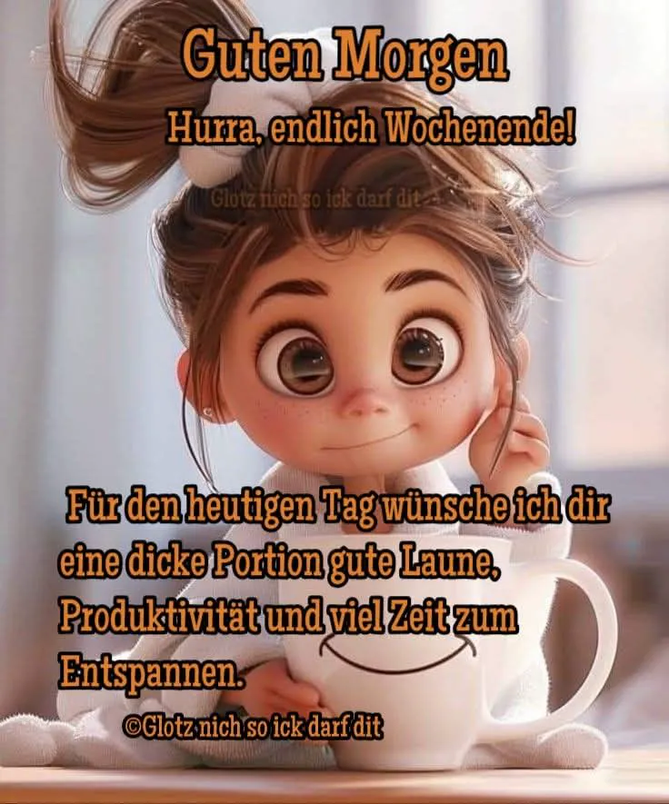 Niedliches Cartoon-Mädchen mit braunen Haaren und Sommersprossen hält eine weiße Tasse mit Smiley. Ihr schelmisches Lächeln fängt die fröhliche, entspannte Morgenstimmung des Wochenendes ein.