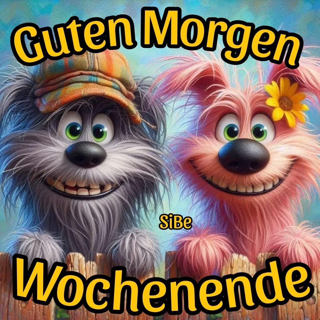 Zwei freundliche, flauschige Cartoon-Hunde lachen fröhlich über einen Holzzaun. Einer trägt eine bunte Mütze, der andere eine gelbe Blume im Ohr. Ein heiterer Guten Morgen Wochenendgruß.