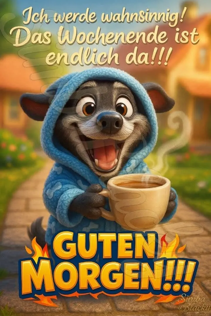 Ein überglücklicher, cartoonhafter Hund in blauem Bademantel hält eine dampfende Kaffeetasse. Er grinst breit vor Freude über das anbrechende Wochenende. Ein heller Morgen im Garten bildet den Hintergrund.