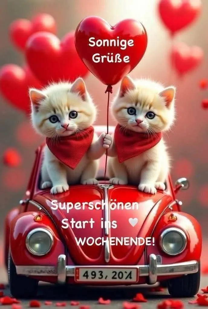 Zwei flauschige Kätzchen mit roten Halstüchern sitzen in einem roten Oldtimer, einem VW Käfer. Eines hält einen herzförmigen Ballon mit der Aufschrift "Sonnige Grüße". Im Hintergrund schweben weitere rote Herzballons. Vereinzelte rote Blütenblätter liegen verstreut und schaffen eine süße, herzliche Atmosphäre.