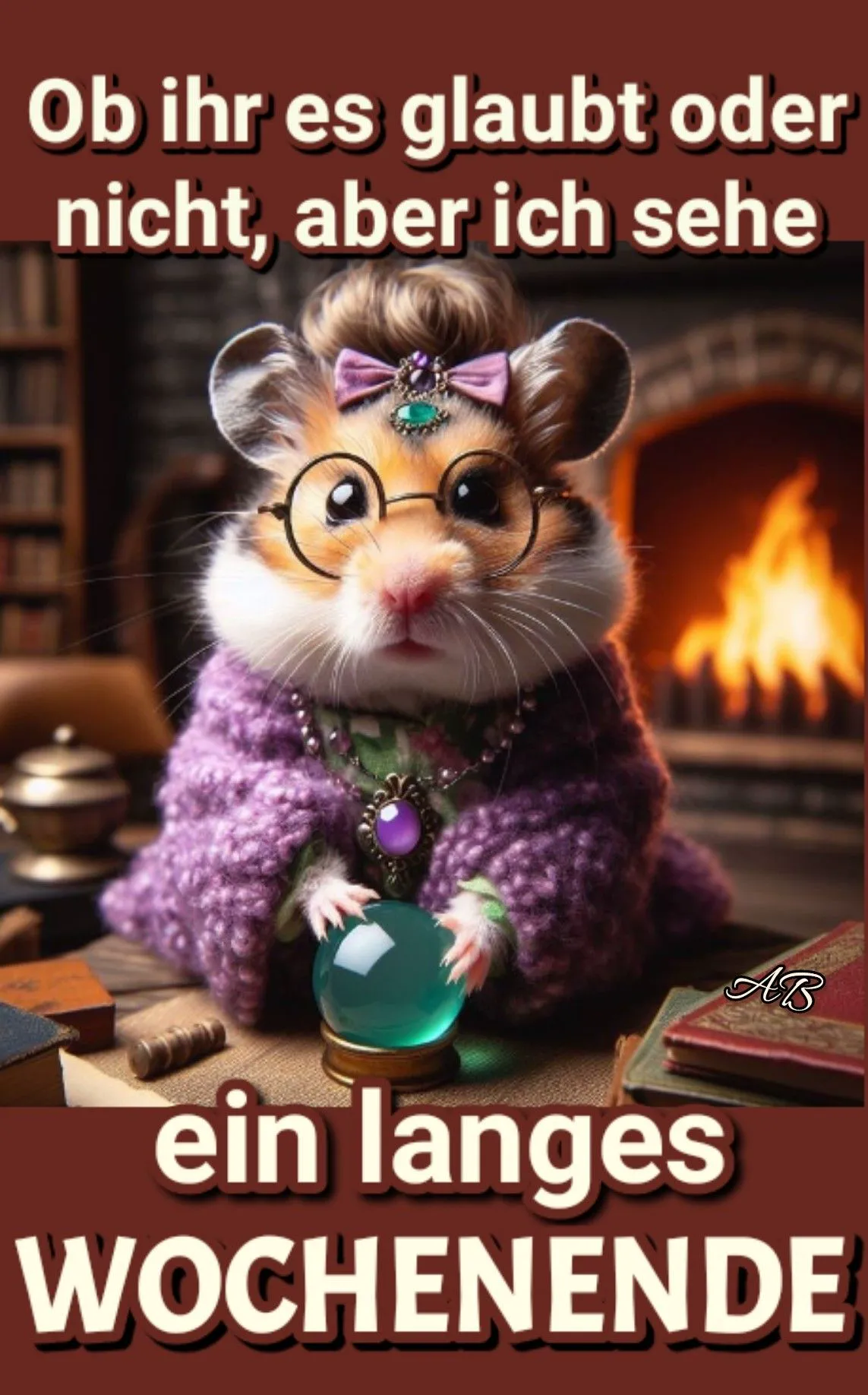 Ein niedlicher Hamster mit Brille, lila Strickumhang und Schleife blickt ernsthaft in eine grüne Kristallkugel. Im gemütlichen Hintergrund brennt ein Kaminfeuer. Er verkündet: 'Ich sehe ein langes Wochenende'.