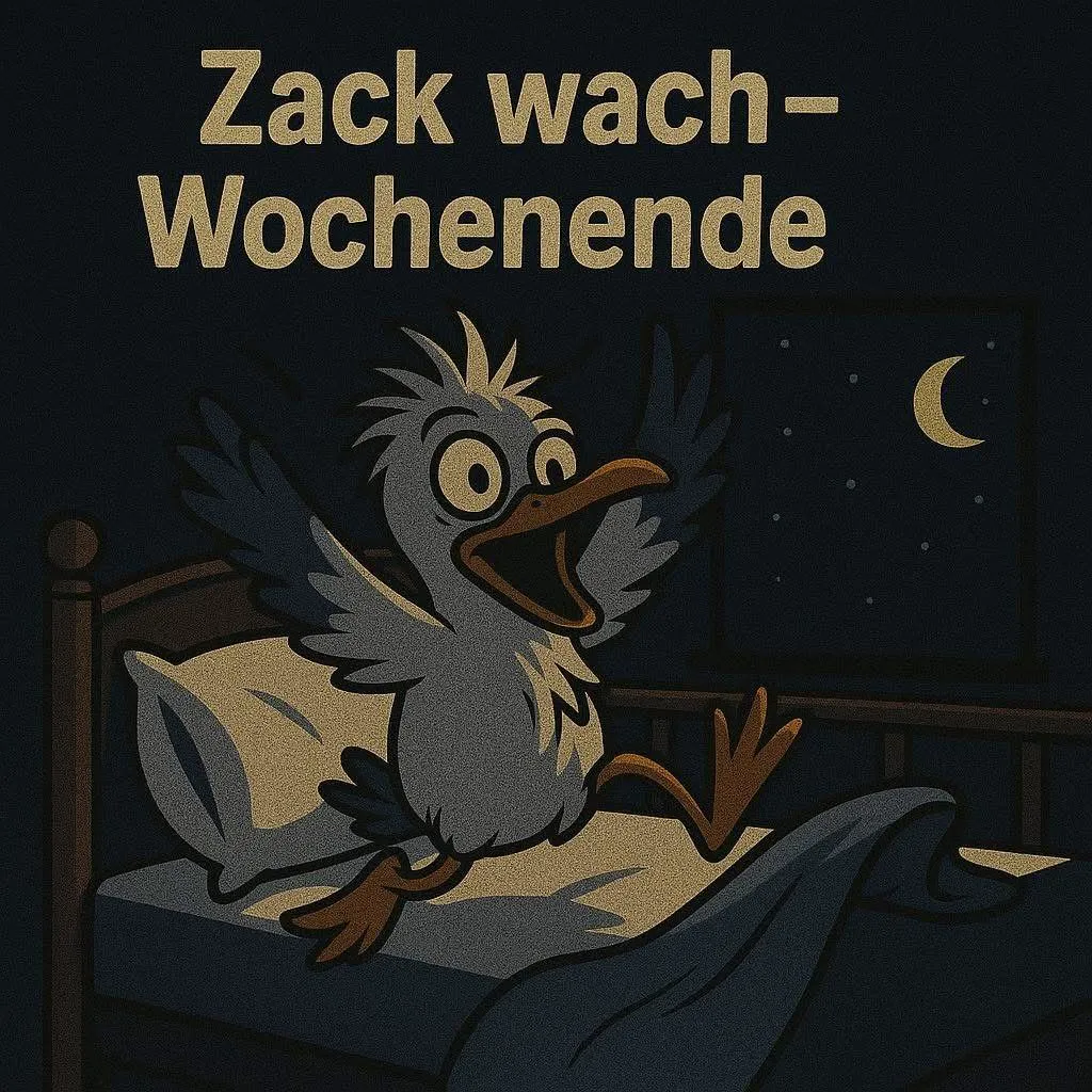 Ein energischer Cartoon-Vogel springt jubelnd aus dem Bett, um die Freude über das Wochenende auszudrücken. Der Text 'Zack wach- Wochenende' steht darüber. Im dunklen Raum ist ein Fenster mit Mond und Sternen zu sehen.