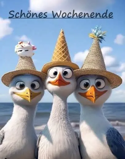 Drei lustige Cartoon-Möwen mit Strohhüten und Eiswaffel am sonnigen Strand, fröhlich lachend, wünschen ein schönes Wochenende mit Meerblick und blauem Himmel.