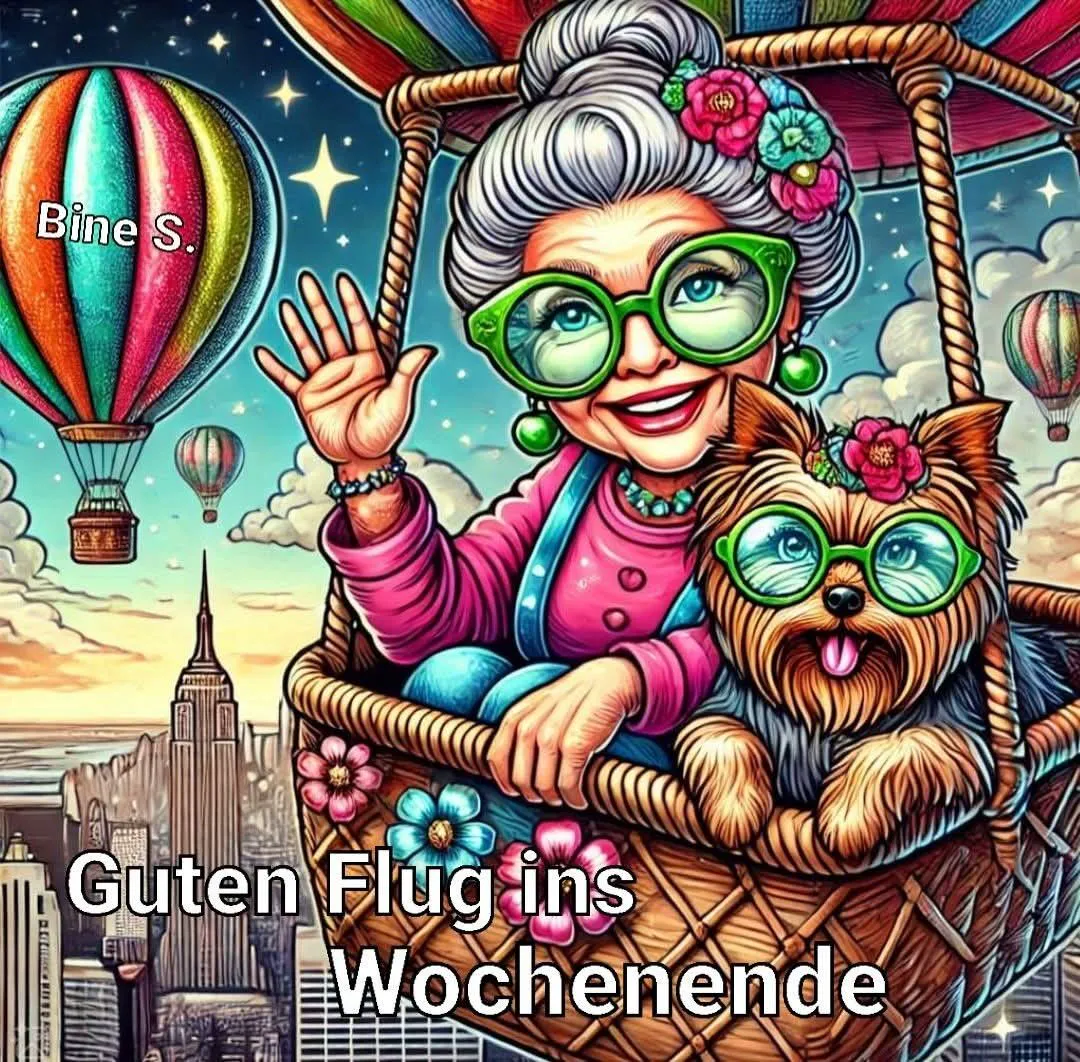 Eine fröhliche Comic-Frau mit grauen Haaren und grüner Brille winkt aus einem bunten Heißluftballonkorb. Ein süßer Hund mit Brille begleitet sie über einer Stadtsilhouette, unter einem farbenfrohen Sternenhimmel.