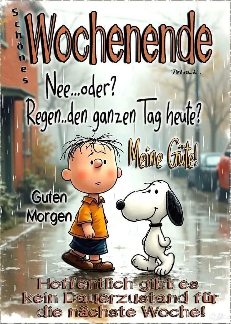 Comic-Bild von Charlie Brown und Snoopy im Regen. Charlie Brown blickt fragend, Snoopy lächelt. Nasse Straße, fallende Regentropfen. Eine Szene, die trotz des Wetters Hoffnung ausstrahlt. Gruß zum Wochenende.