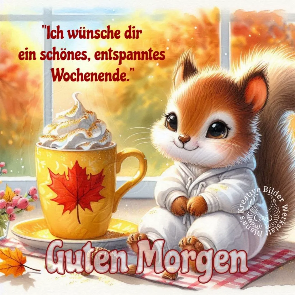 Ein niedliches Eichhörnchen im weißen Hoodie sitzt neben einer gelben Herbsttasse mit Sahne und Ahornblatt. Goldene Herbstbäume sind durchs Fenster sichtbar. Ein süßer, gemütlicher Morgengruß für ein entspanntes Wochenende.