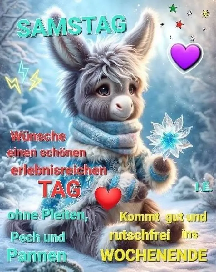 Ein süßer, flauschiger Cartoon-Esel mit blauem Schal und Mantel sitzt im Schnee. Er hält eine glitzernde Schneeflocke. Digitale Grußbotschaften zum Wochenende schweben um ihn herum. Die Szene ist winterlich und herzlich.