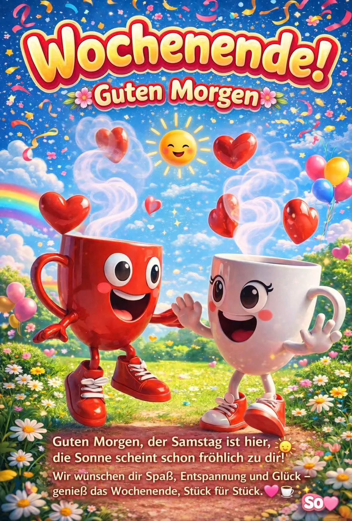 Zwei fröhliche Comic-Kaffeetassen tanzen auf einer sonnigen Blumenwiese. Am blauen Himmel schweben lachende Sonne, Herzen, Ballons und Konfetti, symbolisierend einen bunten, glücklichen Wochenendstart.