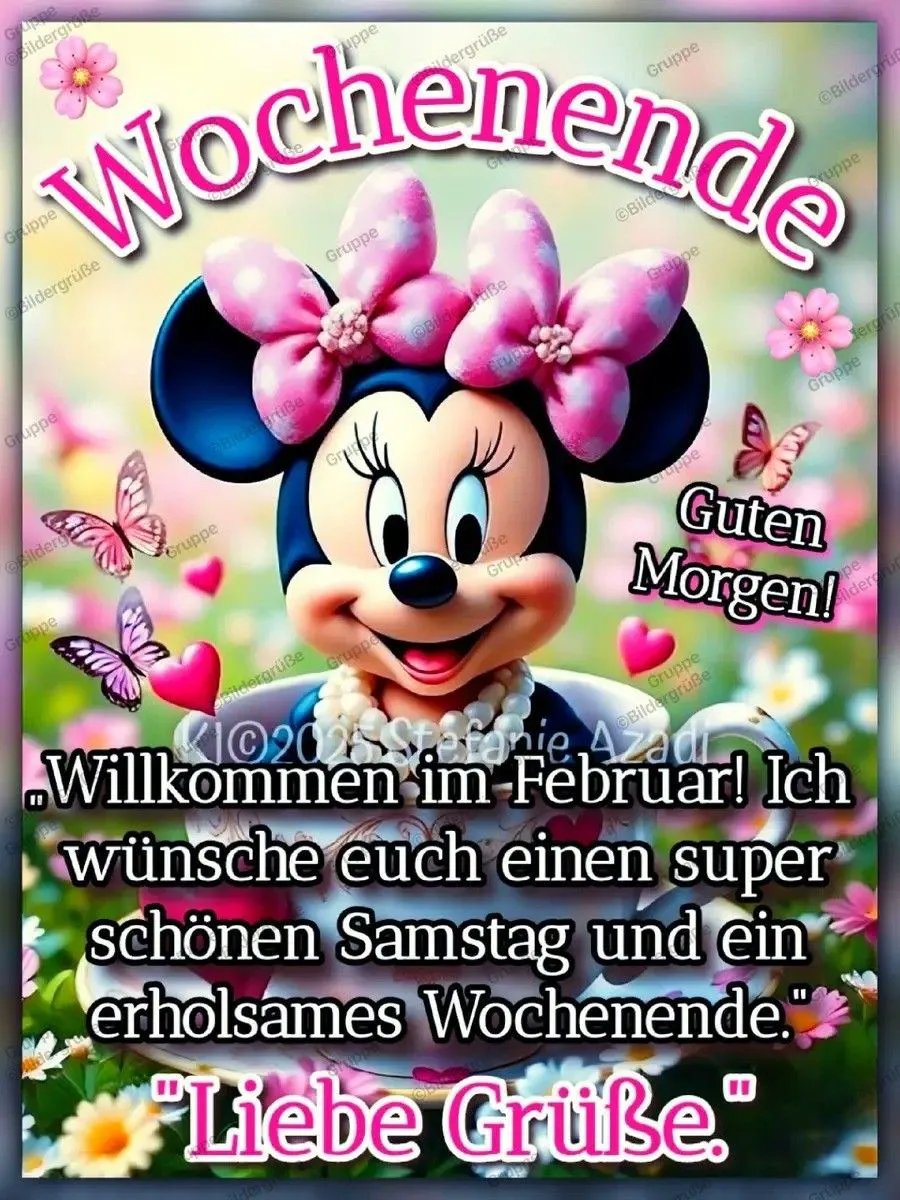 Ein digitales Bild von Minnie Maus mit einem rosa Blumenkopfband, umgeben von Blumen, Schmetterlingen und Herzen. Minnie Maus lächelt und trägt eine Perlenkette. Der Hintergrund ist bunt und floral.