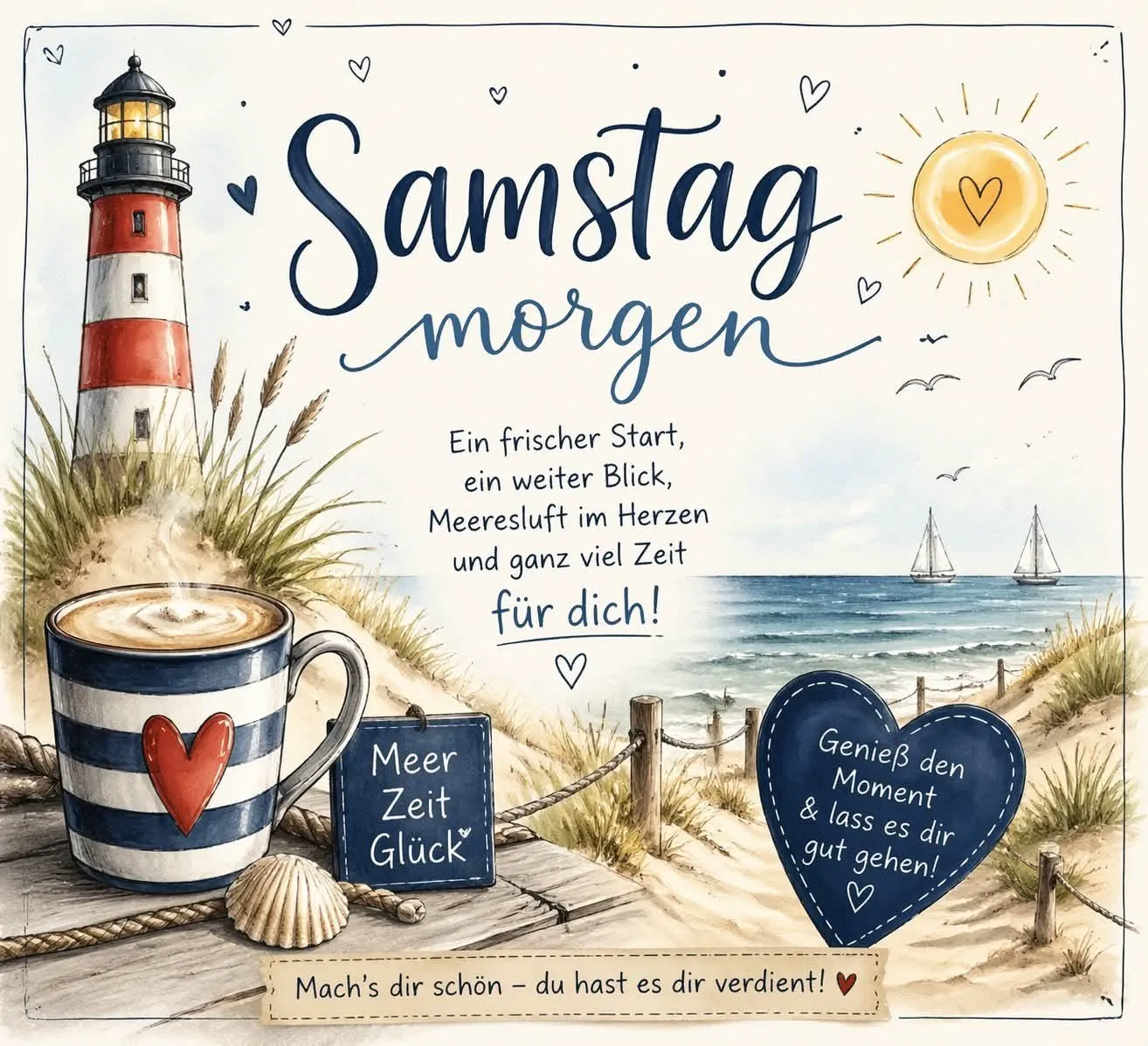 Ein gemütliches Strandmotiv mit Leuchtturm, einem Kaffee im blauen Becher mit rotem Herz, Schildern mit positiven Sprüchen und einer idyllischen Meereskulisse.