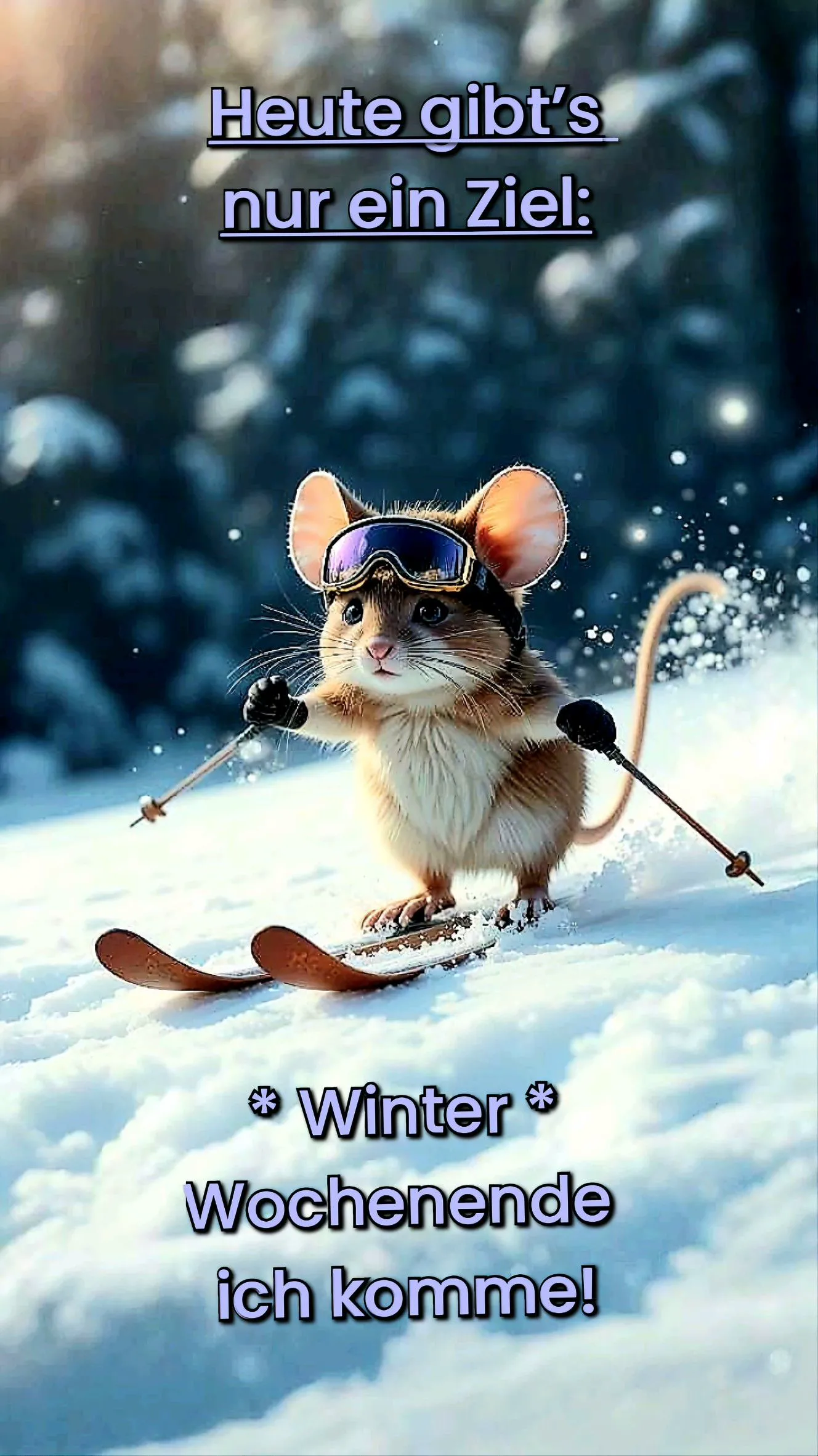 Eine niedliche Maus mit Skibrille und Skiern fährt energisch durch tiefen Schnee. Im Hintergrund verschneite Bäume. Die Maus strahlt Freude und Tatendrang aus, ideal für einen Gruß zum Winter-Wochenende.