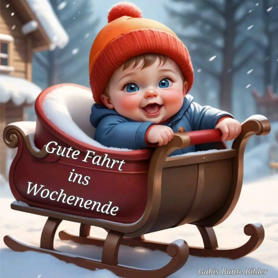 Ein niedliches Baby mit strahlend blauen Augen und oranger Mütze sitzt lächelnd in einem roten Schlitten. Sanfter Schneefall umhüllt die idyllische Winterlandschaft, die eine fröhliche und wohlige Wochenendstimmung vermittelt.