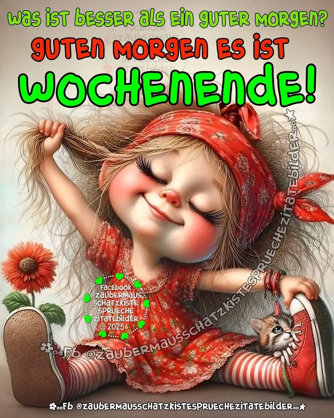 Ein zauberhaftes Cartoon-Mädchen in rotem Kleid, die lachend die Haare rauft. Ein kleines Kätzchen lugt aus ihrem roten Schuh. Daneben eine leuchtend rote Blume. Das Bild vermittelt entspannte Wochenend-Freude.