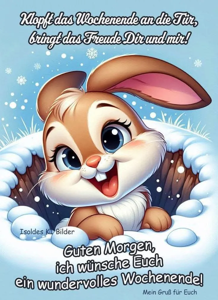 Ein lachendes, braunes Cartoon-Häschen mit großen blauen Augen und Hasenzähnchen lugt fröhlich aus einem Schneeloch. Im hellblauen Hintergrund fallen sanft glitzernde Schneeflocken und vermitteln eine heitere Winterstimmung. Das Bild strahlt pure Freude und Vorfreude auf das Wochenende aus.