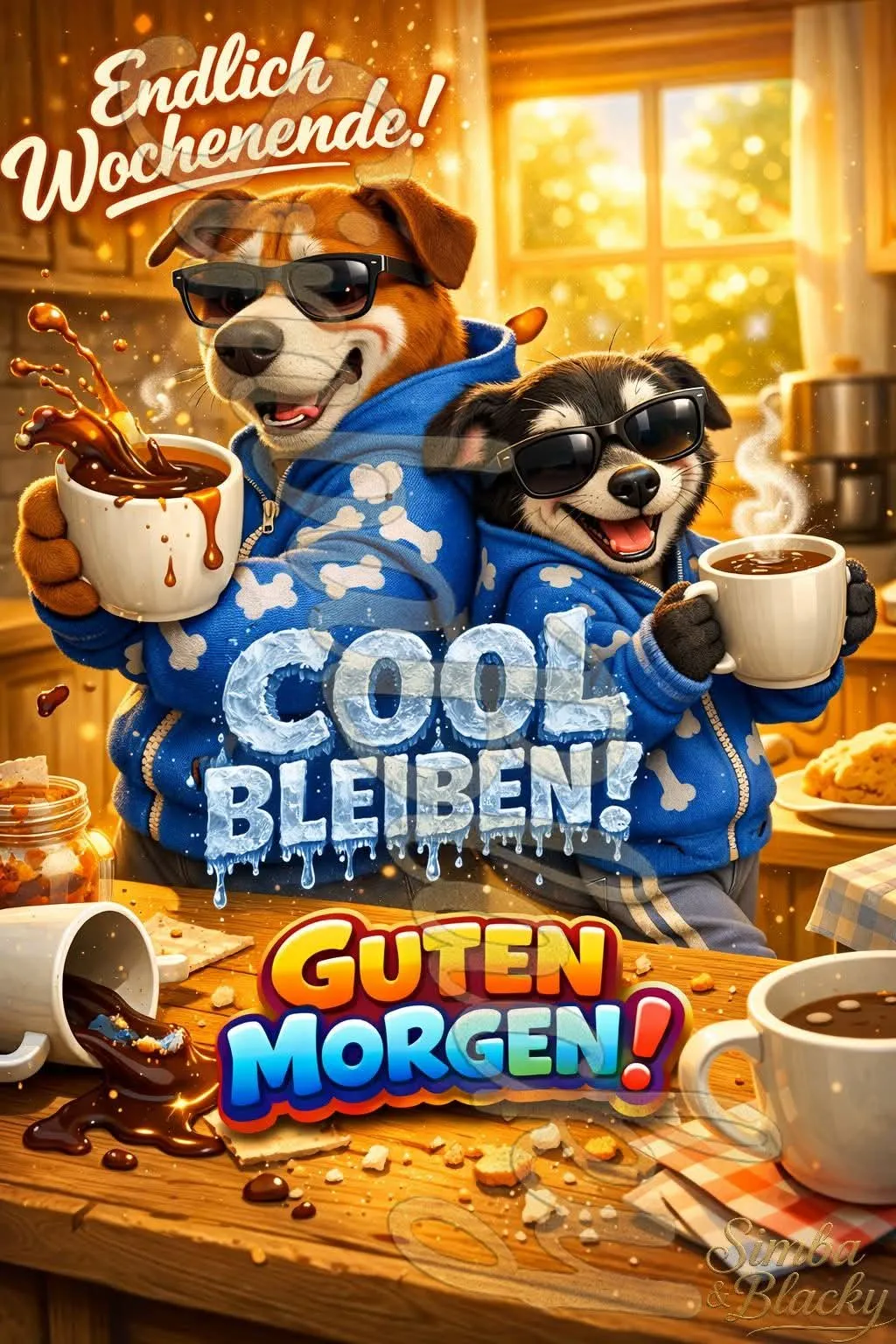 Zwei lächelnde Hunde mit Sonnenbrillen und blauen Hoodies stoßen mit Kaffeetassen an einem sonnigen Morgen an. Einer verschüttet spielerisch Kaffee. Im Hintergrund erhellt goldenes Licht eine gemütliche Küche, die eine fröhliche Wochenendstimmung vermittelt.