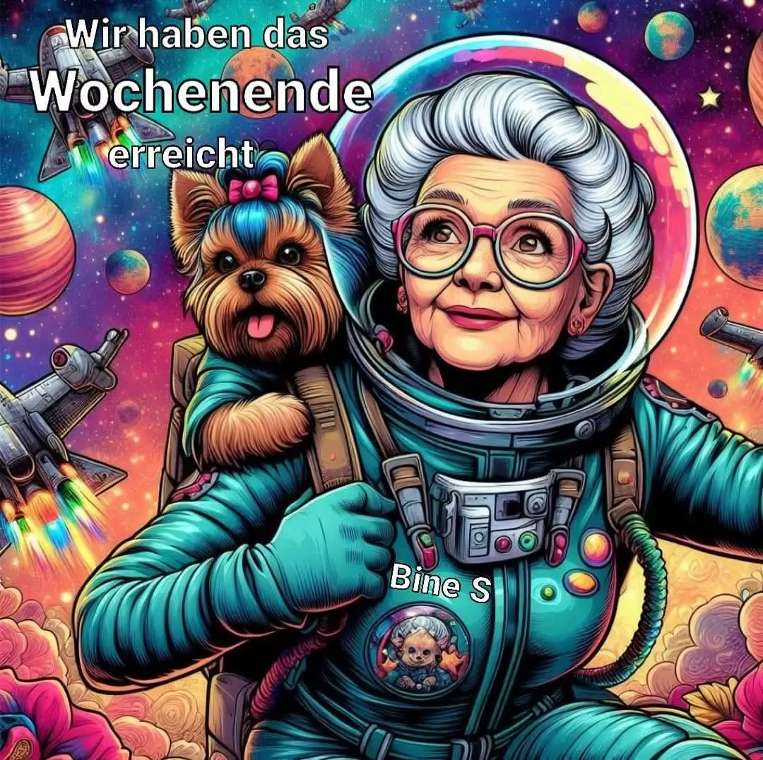 Eine ältere Frau in einem leuchtenden Astronautenanzug, strahlend lächelnd mit ihrem kleinen Yorkshire Terrier im Rucksack, schwebt durch ein farbenfrohes Weltall voller Planeten und leuchtender Raketen. Eine fröhliche und abenteuerliche Wochenendstimmung.