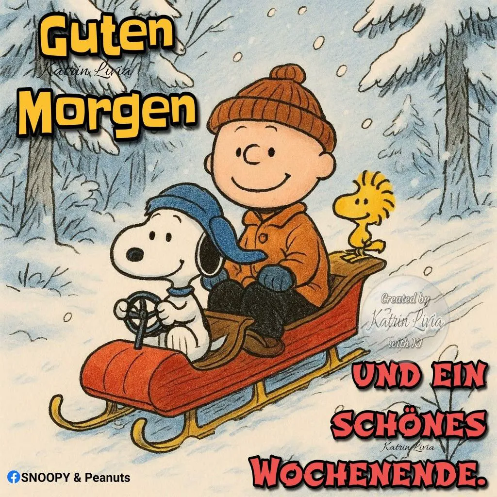 Ein Cartoon von Charlie Brown, Snoopy und Woodstock im Schlitten, durch einen verschneiten Wald fahrend, winterliche Atmosphäre