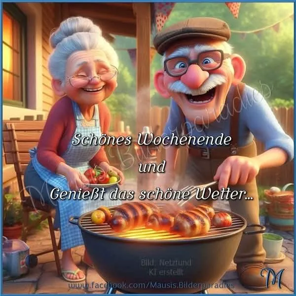 Eine fröhliche Cartoon-Oma sitzt entspannt mit einer Schüssel Gemüse, während ein lachender Opa Würstchen und Gemüsespieße auf dem Grill zubereitet. Das Bild zeigt ein gemütliches Beisammensein im Garten bei schönem Wetter und strahlt pure Lebensfreude aus.