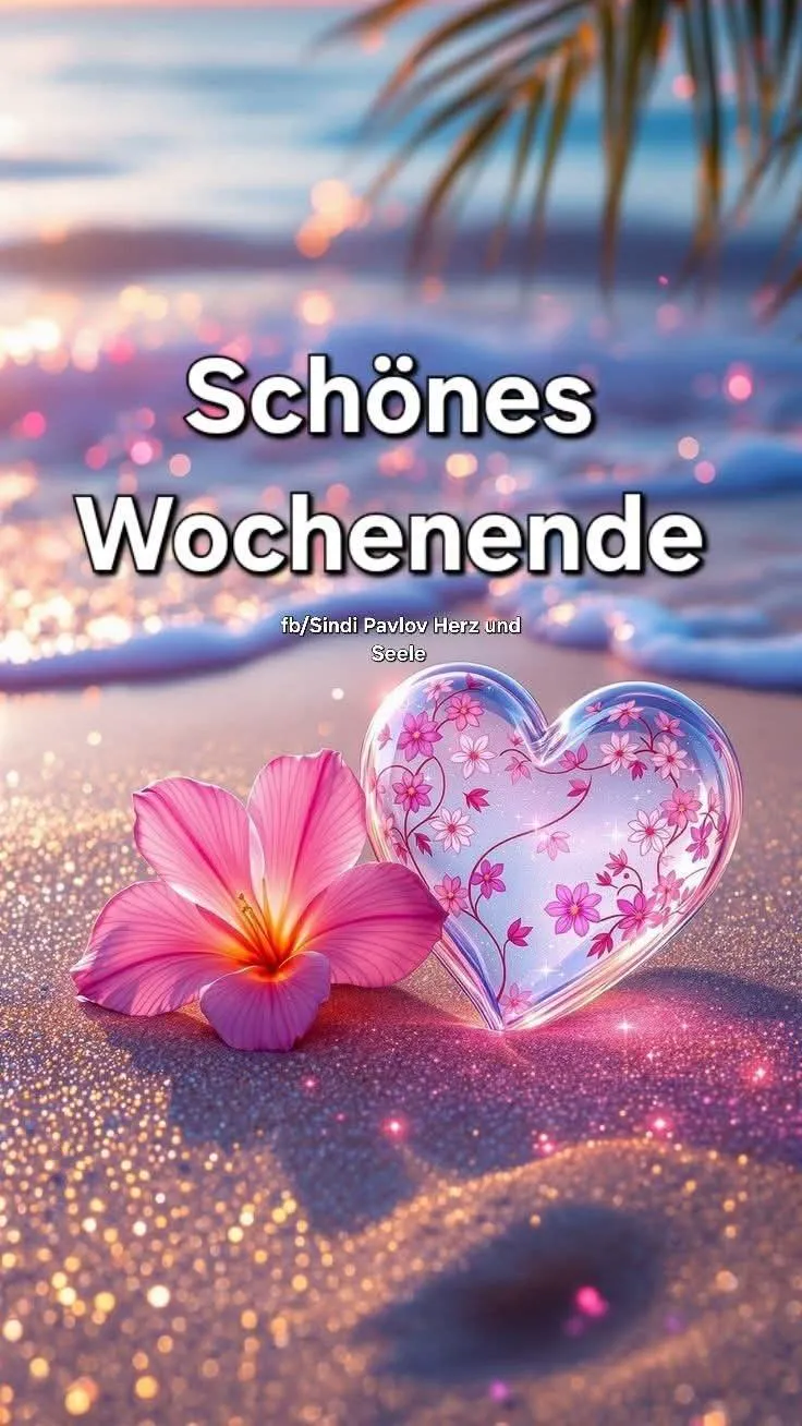Ein rosa Blütenblatt neben einem durchsichtigen Herz mit rosa Blumen darauf, auf goldenem Sandstrand mit Wellen und Palmen im Hintergrund.